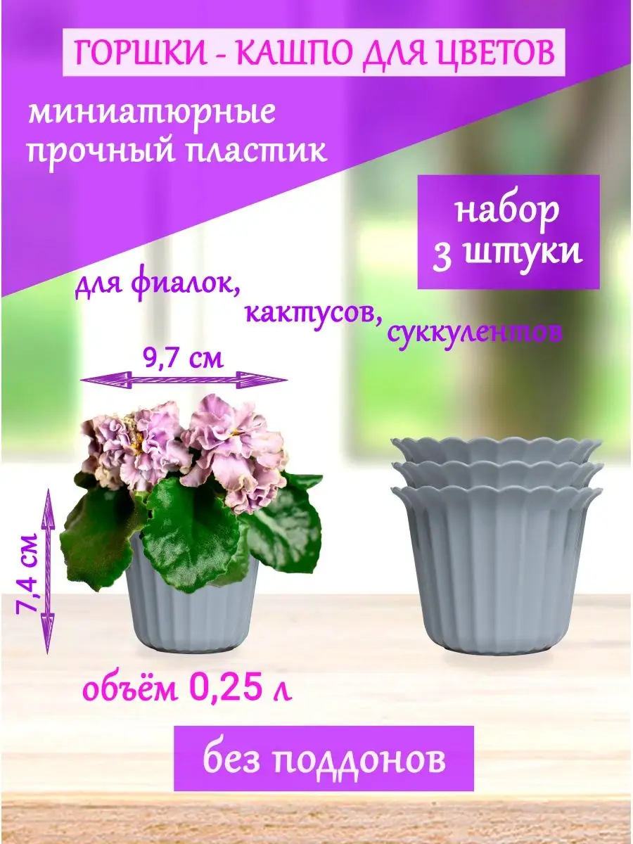 Кашпо для фиалок, кактусов, суккулентов (набор 3 шт.) Магазин для  цветоводов купить по цене 177 ₽ в интернет-магазине Wildberries | 164690485