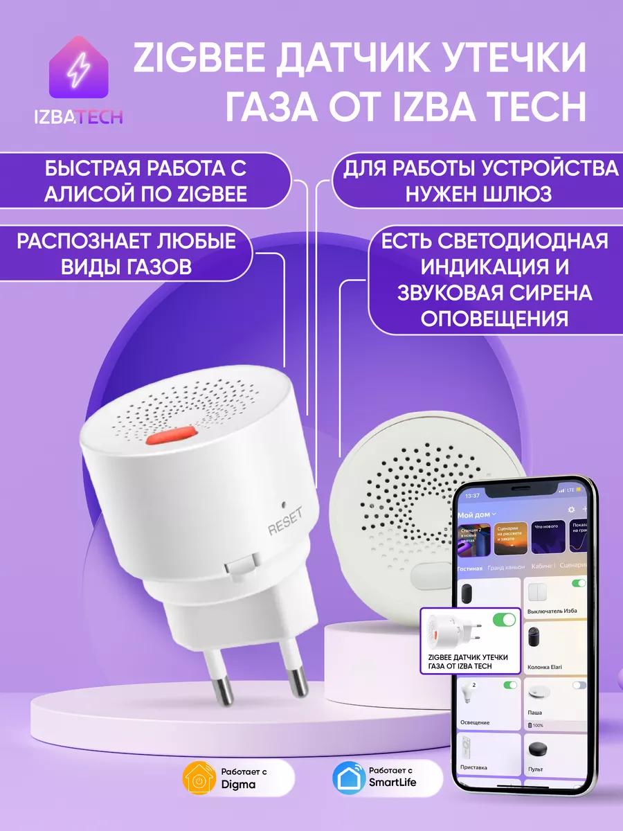 Умный датчик газа Zigbee от Tuya Smart Izba Tech - Умный дом купить по цене  1 766 ₽ в интернет-магазине Wildberries | 165301654